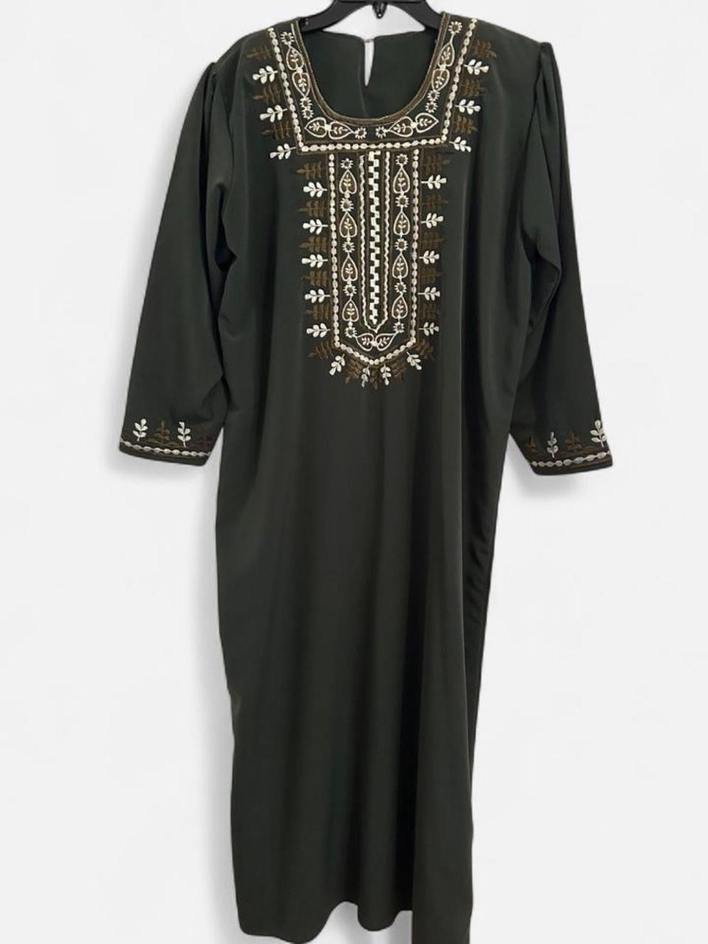 Embroidered Long Dark Green Caftan Dress